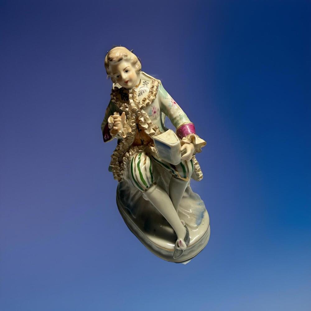 Porcelain Figurine Of A Gentleman In 18th Century Attire Seated With A Book.